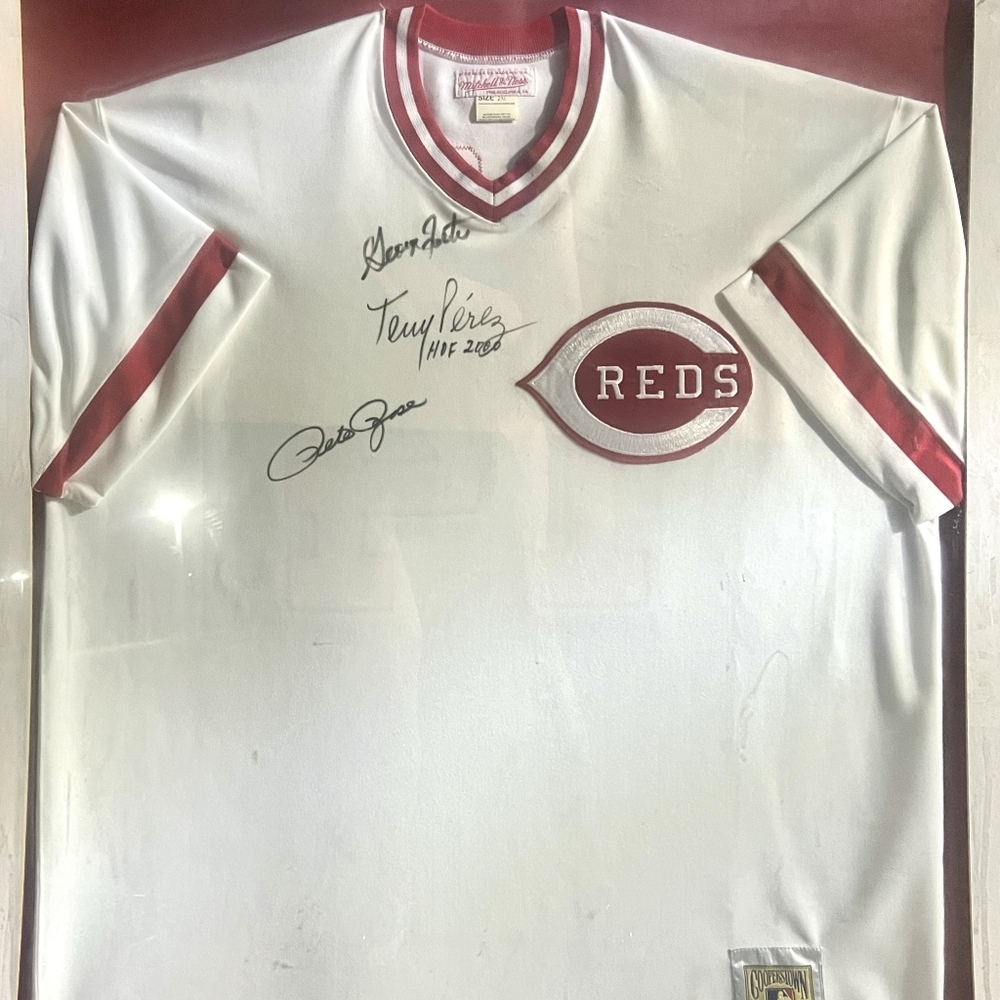 The Big Red Machine Jersey Autographed by pete rose, Tony Perez & George foster